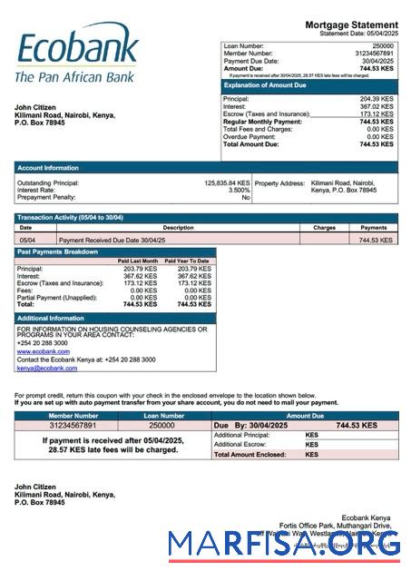 Downloadable Kenya Ecobank Kenya mortgage statement Word and PDF template